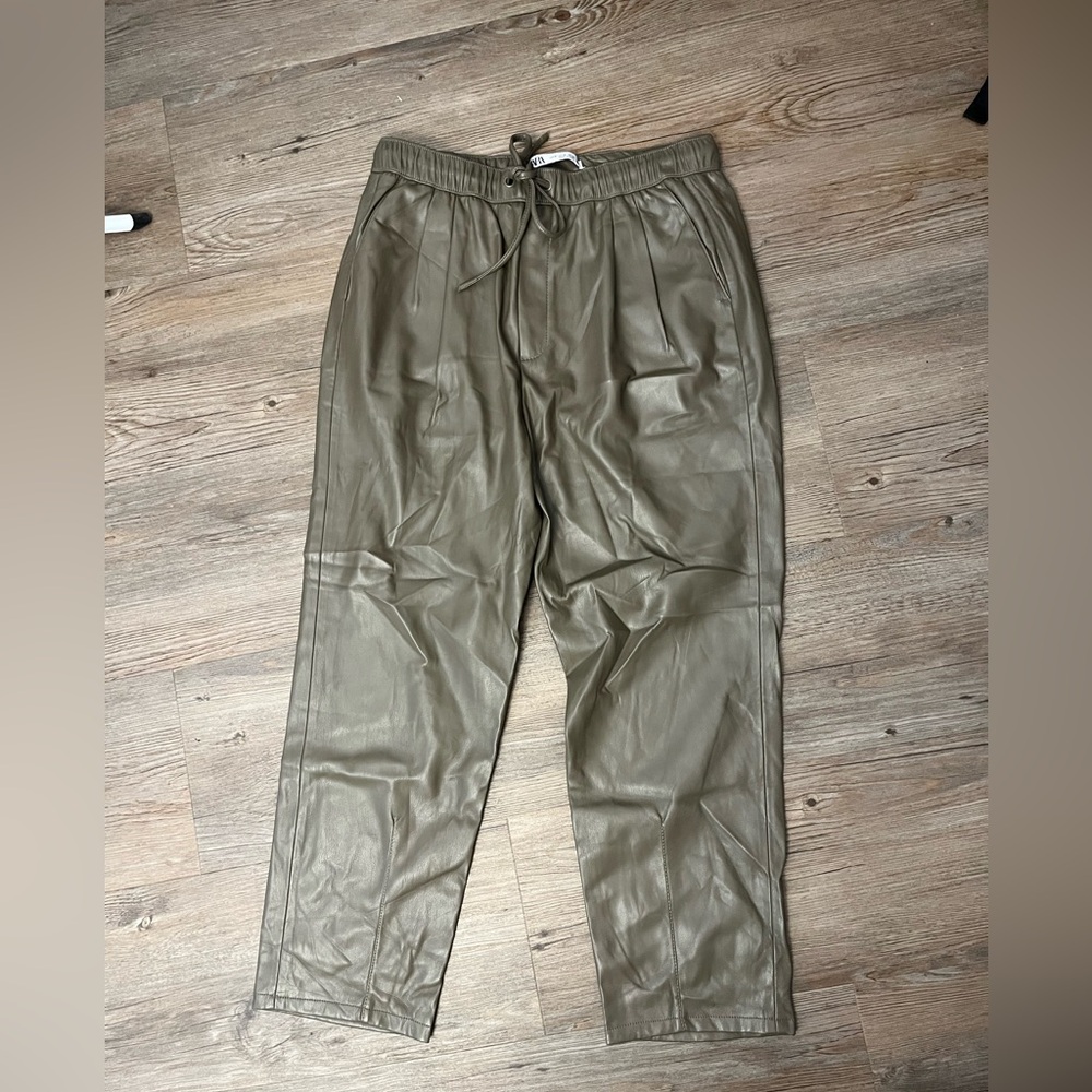 Zara Olive Green Faux Leather Pants